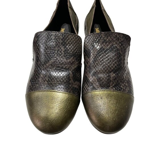 Sesto Meucci Womens Snake Embossed Leather Loafers With Metallic Green Cap Toe - Picture 1 of 7